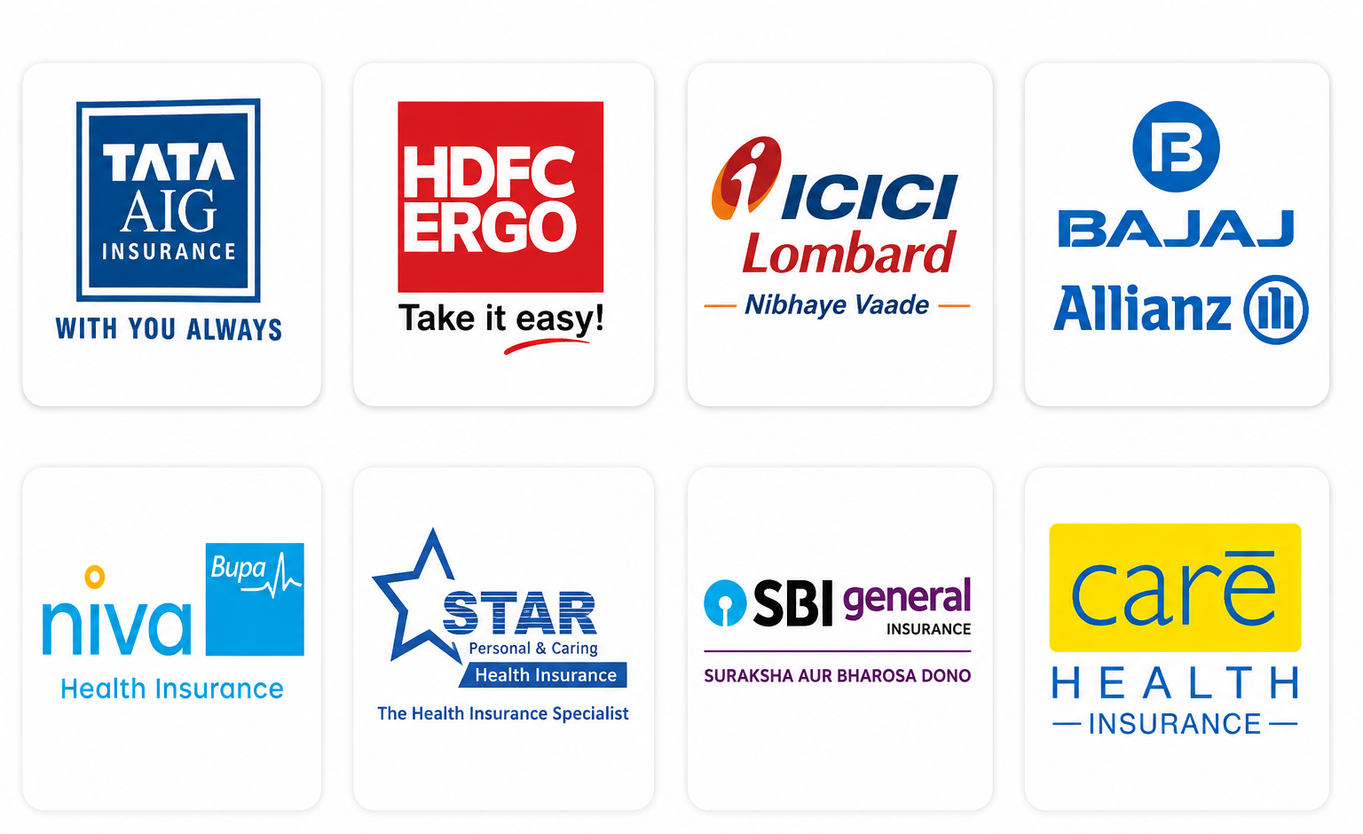 insurance partner logos including TATA AIG ,HDFC ERGO,ICICI LOMBARD,BAJAJ ALLIANZ,NIVA BUPA,Star health, sbi general and care health insurance